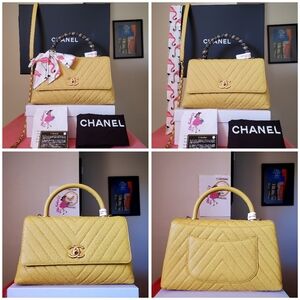 Chanel coco handle chevron yellow caviar gold hard ware small medium bag